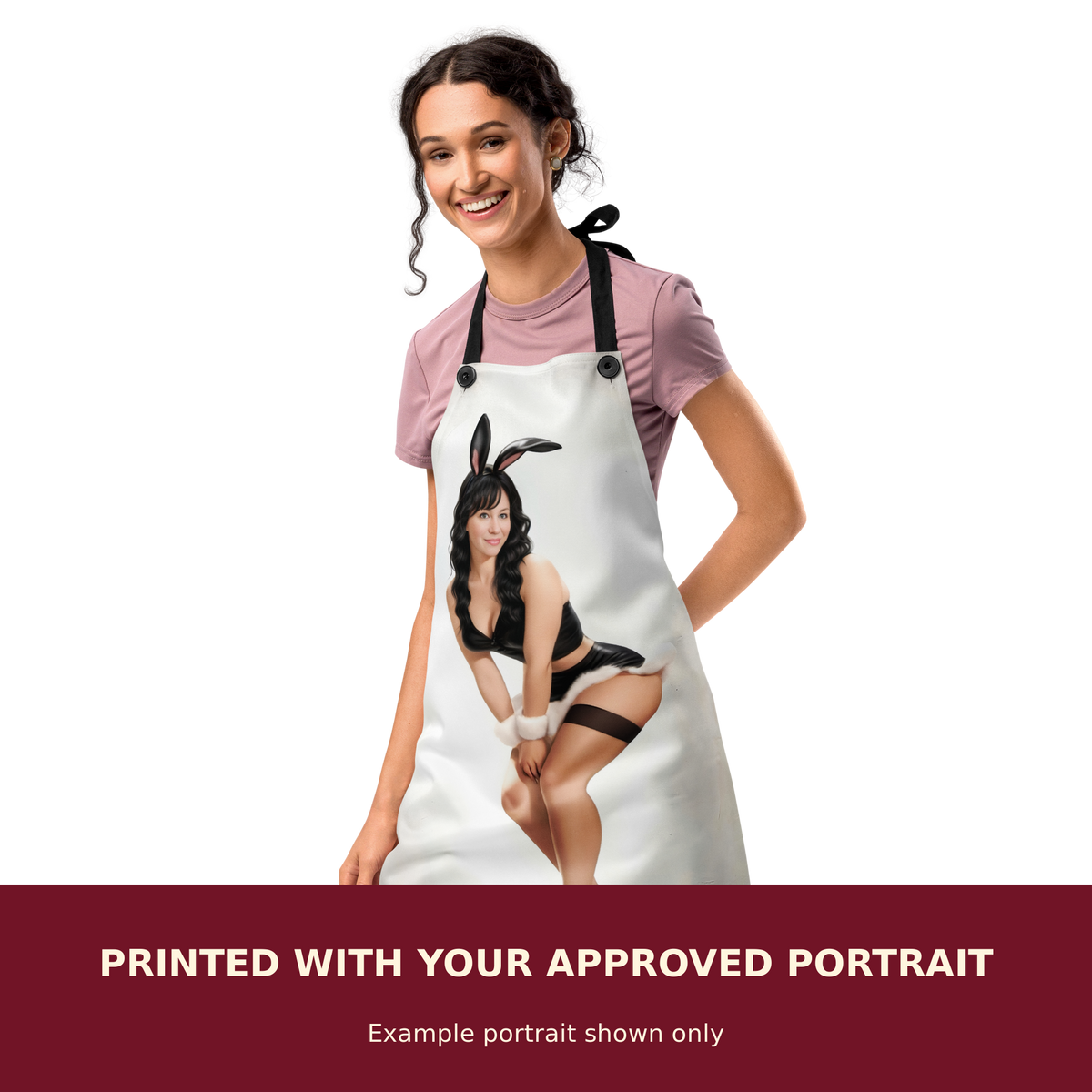 Personalized Pinup Apron customized with the customer's approved portrait. Example portrait shown only.