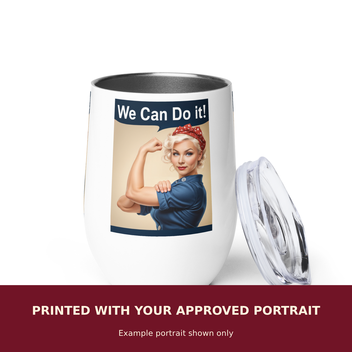 Personalized Pinup Wine Tumbler customized with the customer's approved portrait. Example portrait shown only.