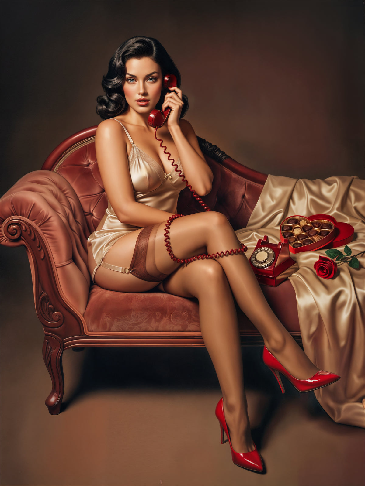 Woman in lingerie sitting on a couch with a vintage phone, surrounded by romantic elements. Imagine My Likeness