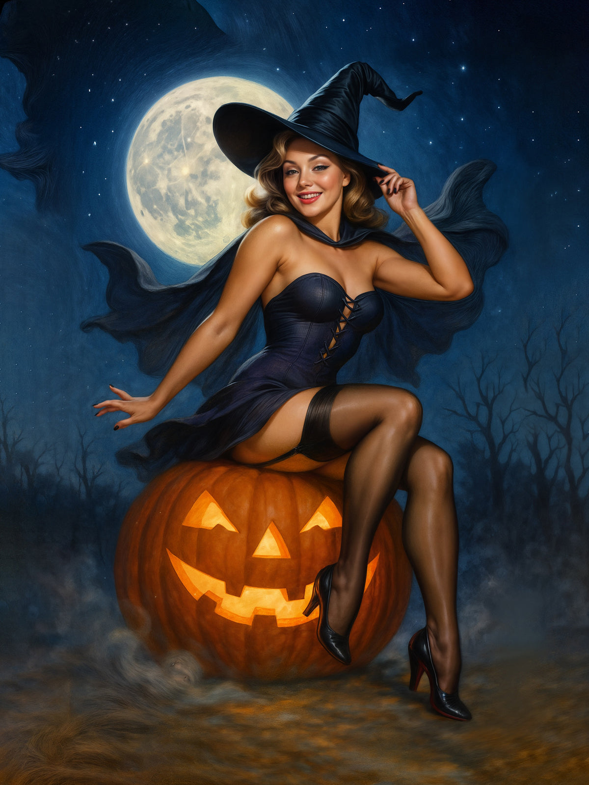Woman in witch costume sitting on a pumpkin with a full moon in the background. Imagine My Likeness