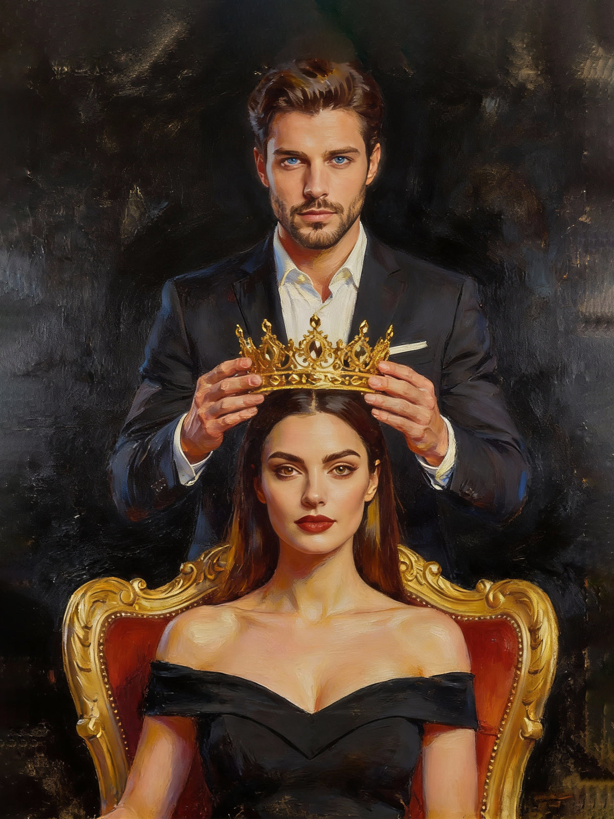 Man placing a crown on a woman's head, both sitting on an ornate chair against a dark background. Imagine My Likeness