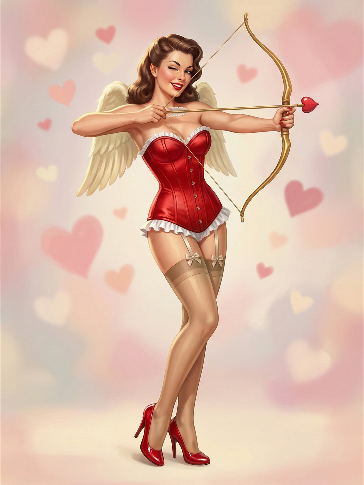 Woman in a red corset and angel wings holding a bow and arrow against a heart-themed background. Imagine My Likeness