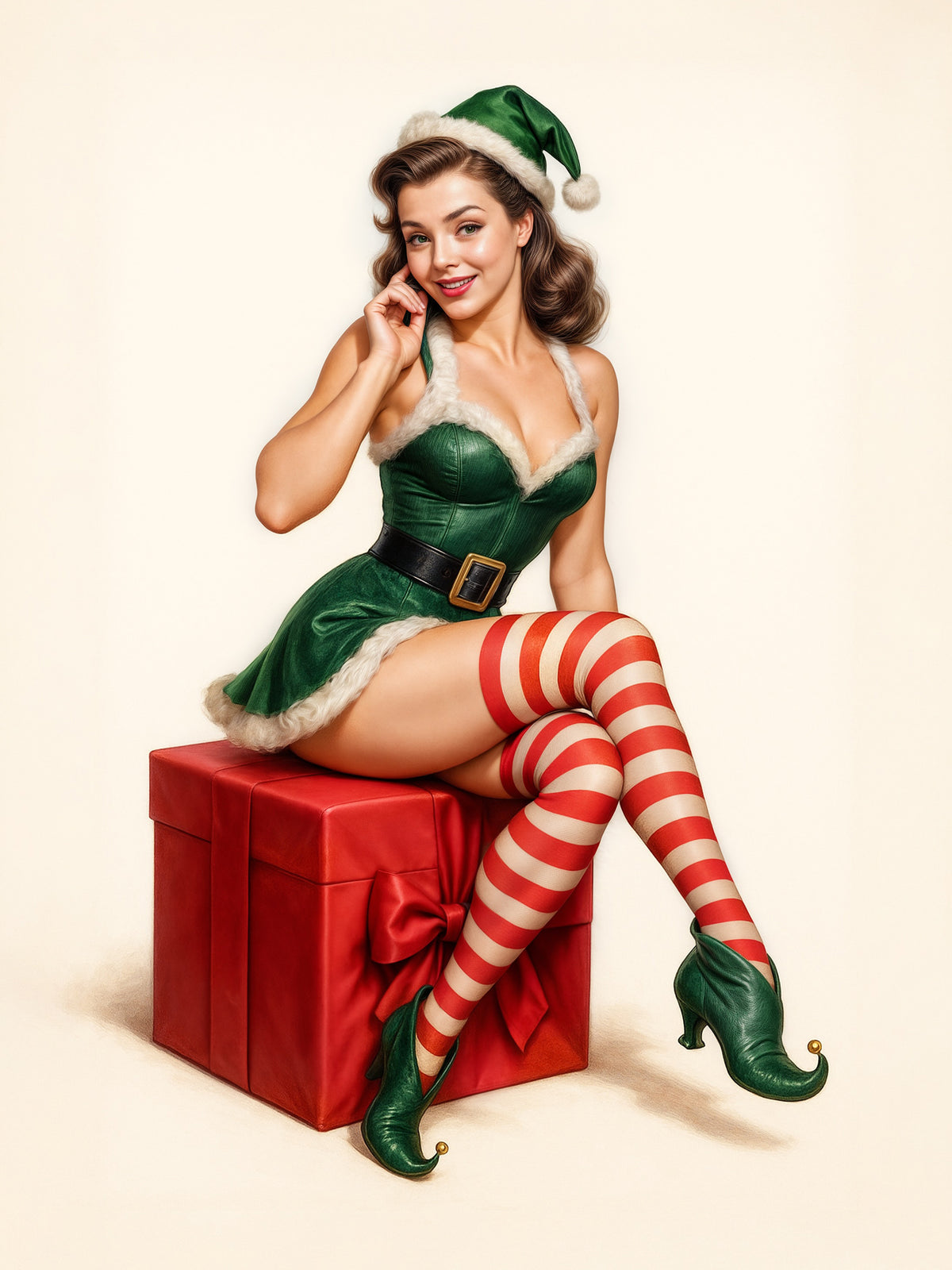 Woman in a Christmas elf costume sitting on a red gift box. Imagine My Likeness