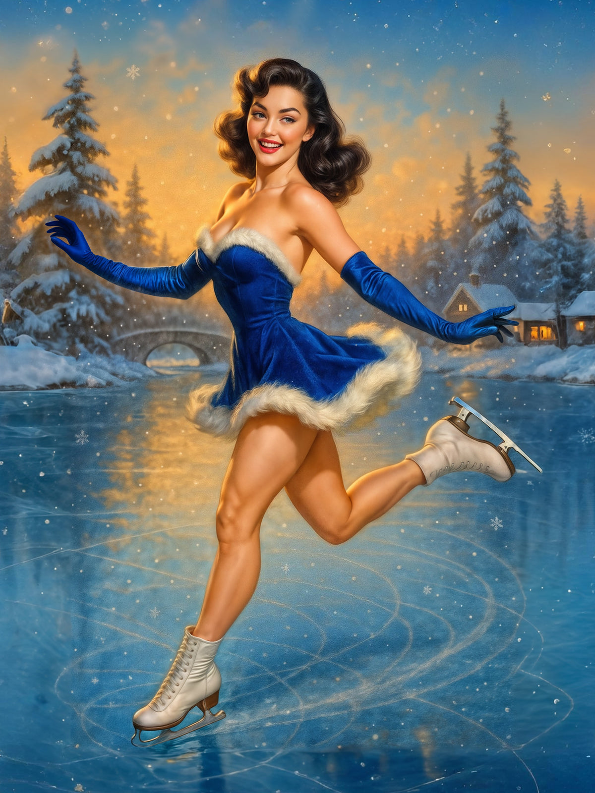 Woman in a blue dress and white fur trim ice skating on a frozen lake with a snowy landscape. Imagine My Likeness