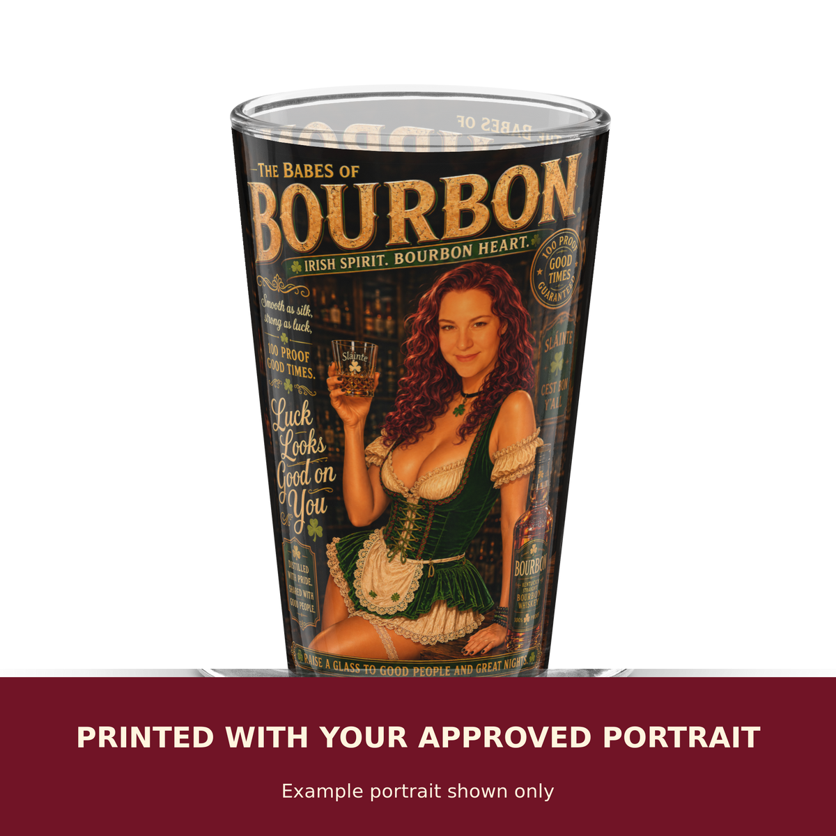 Personalized Pinup Shaker Pint Glass customized with the customer's approved portrait. Example portrait shown only.