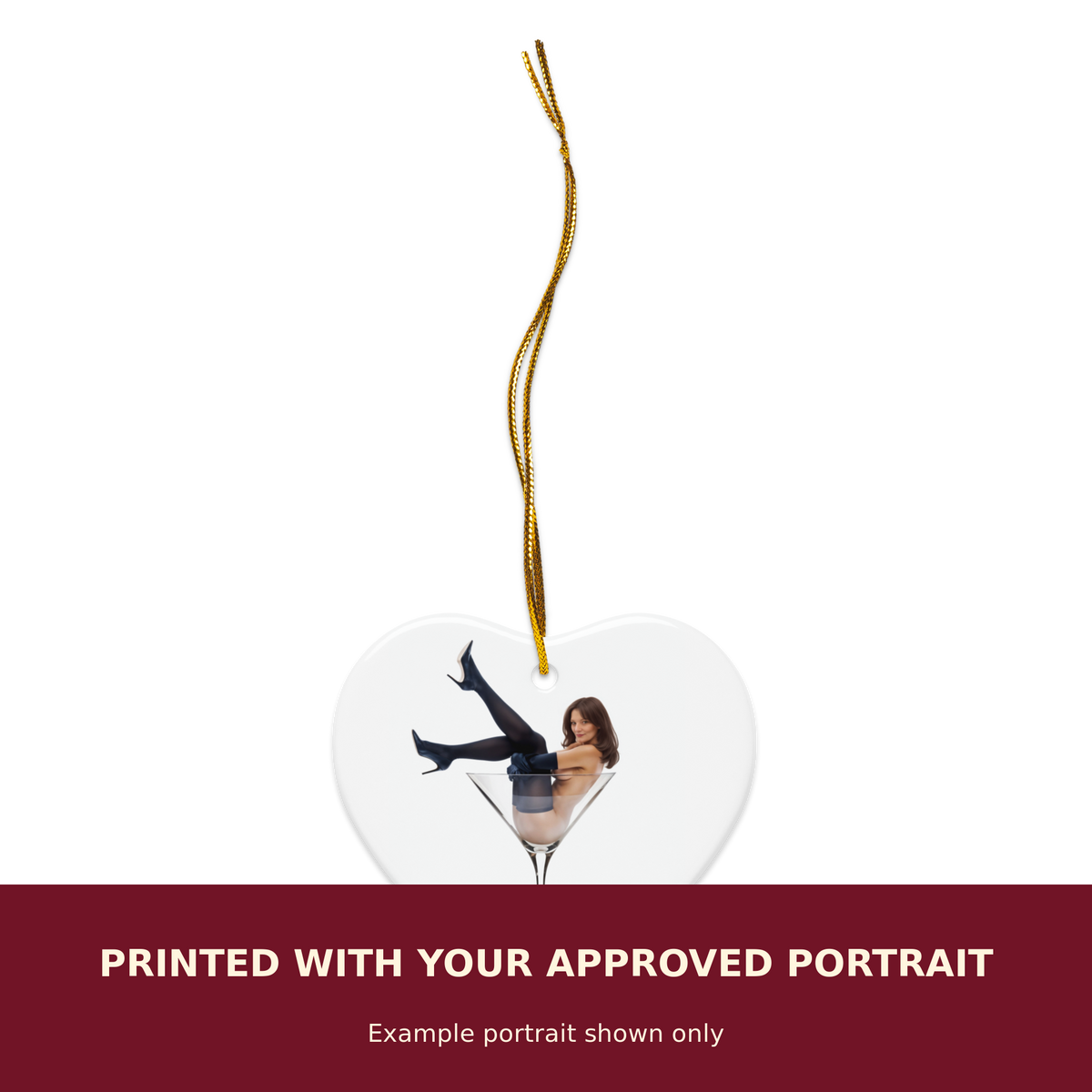 Personalized Double-Sided Ceramic Ornament customized with the customer's approved portrait. Example portrait shown only.