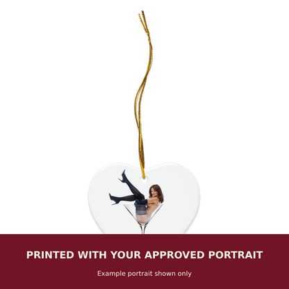 Personalized Double-Sided Ceramic Ornament customized with the customer's approved portrait. Example portrait shown only.