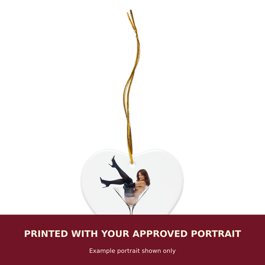 Personalized Double-Sided Ceramic Ornament customized with the customer's approved portrait. Example portrait shown only.