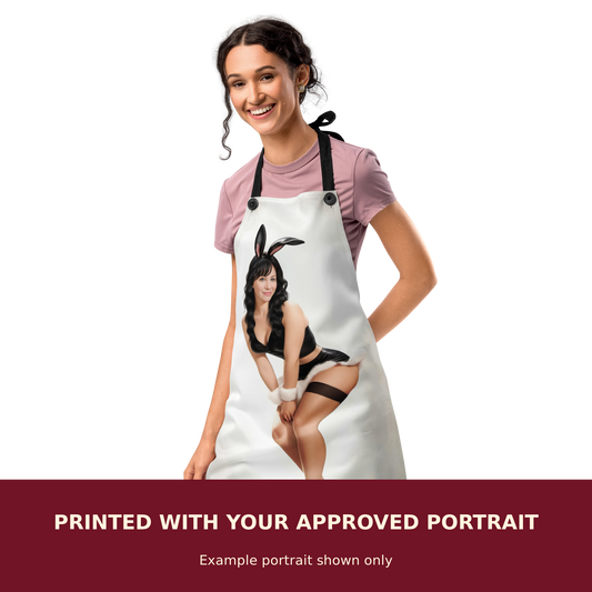 Personalized Pinup Apron customized with the customer's approved portrait. Example portrait shown only.