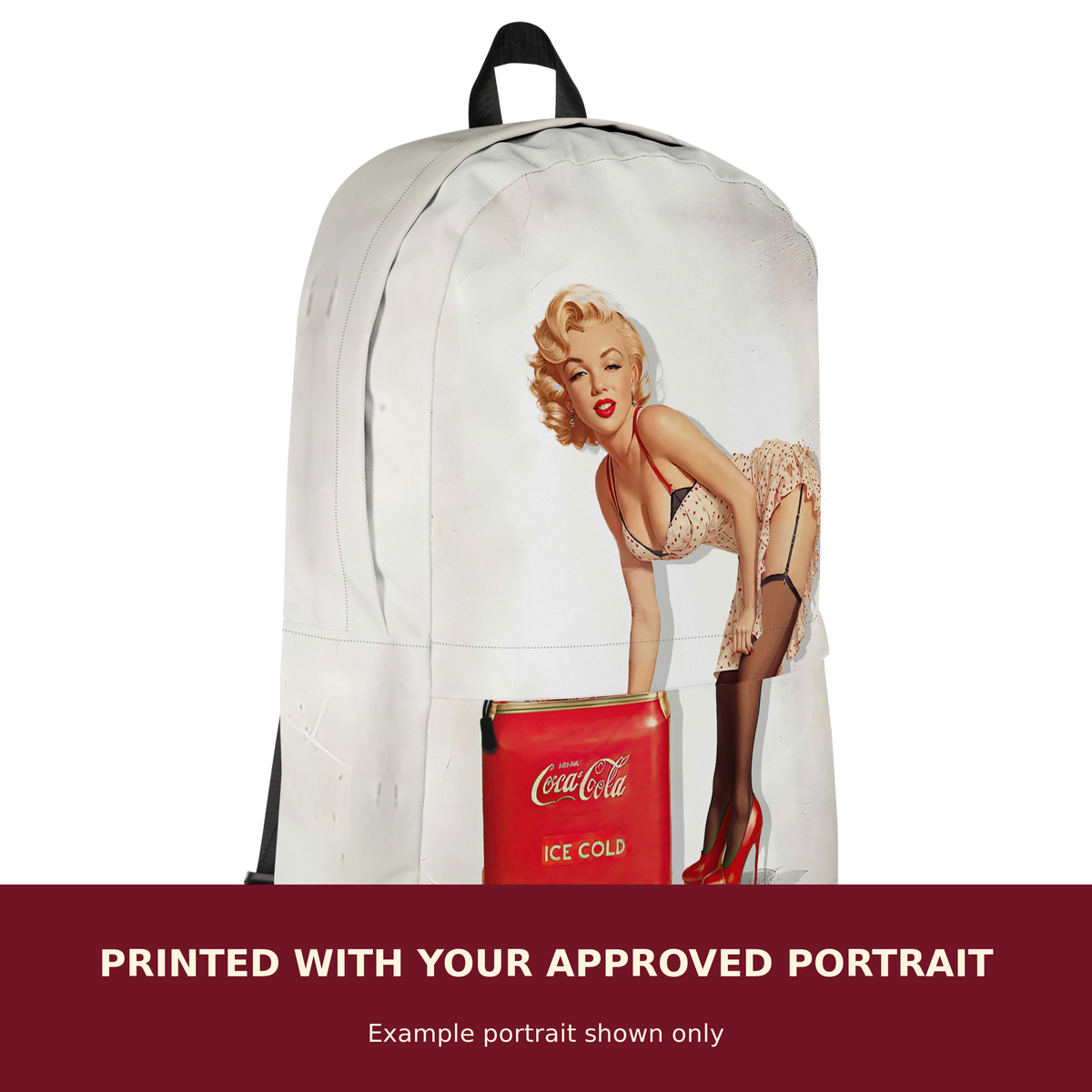 Personalized Pinup Backpack customized with the customer's approved portrait. Example portrait shown only.