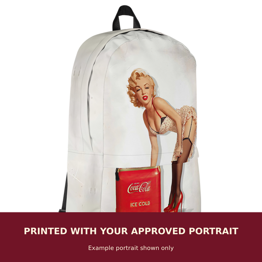 Personalized Pinup Backpack customized with the customer's approved portrait. Example portrait shown only.
