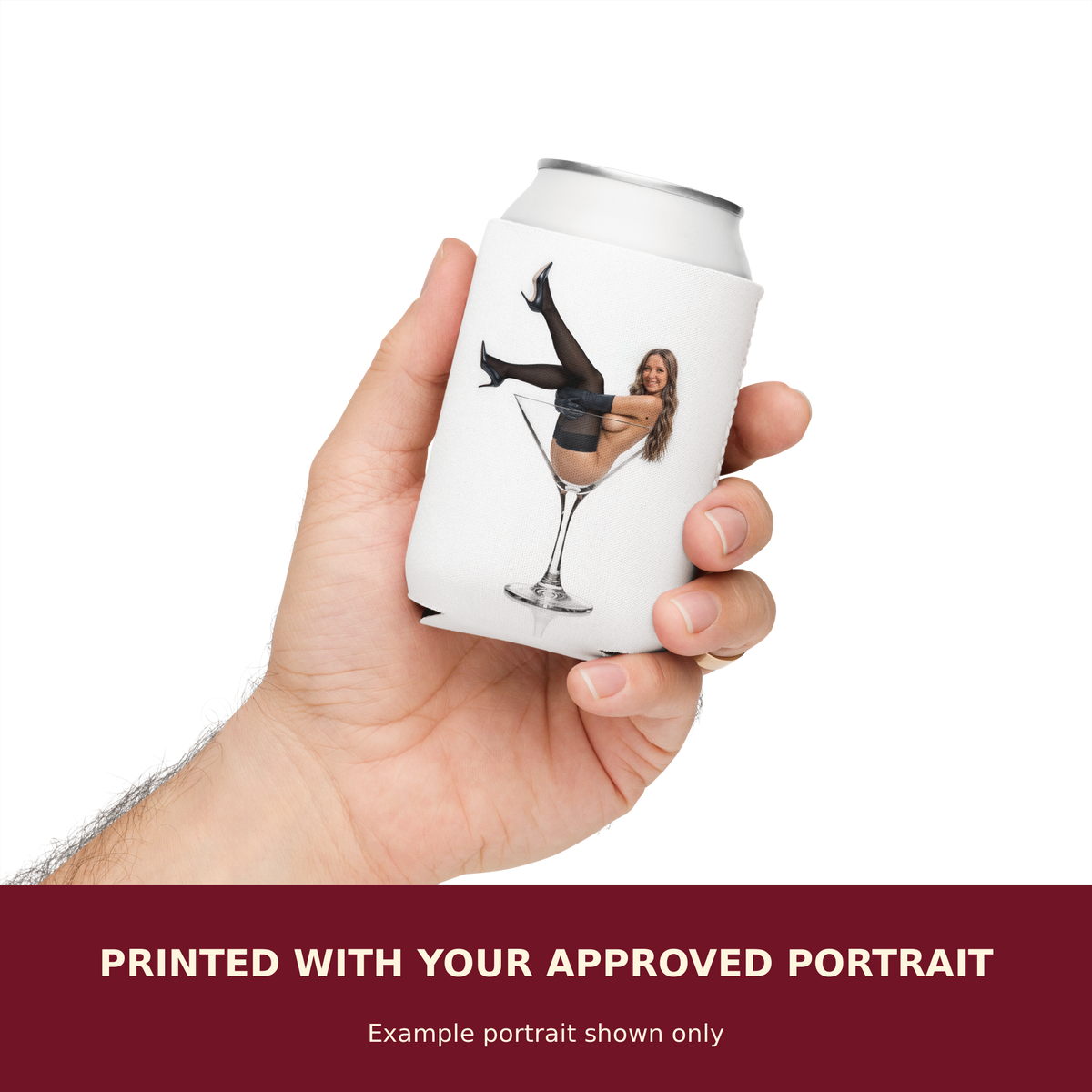 Personalized Pinup Can Cooler Coozie customized with the customer's approved portrait. Example portrait shown only.