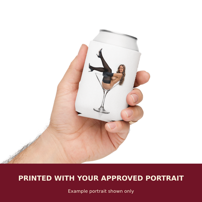 Personalized Pinup Can Cooler Coozie customized with the customer's approved portrait. Example portrait shown only.