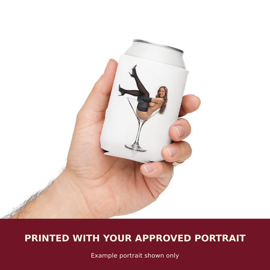 Personalized Pinup Can Cooler Coozie customized with the customer's approved portrait. Example portrait shown only.