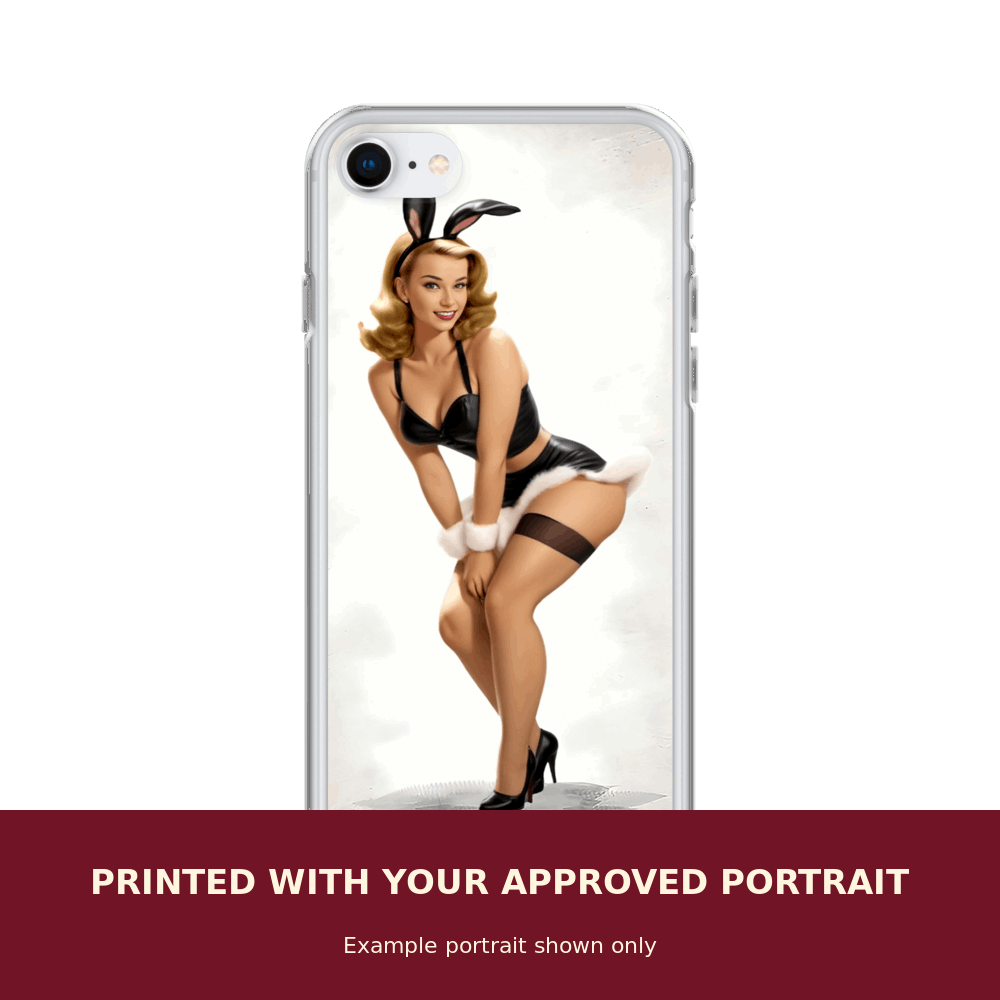 Personalized Pinup Case for iPhone customized with the customer's approved portrait. Example portrait shown only.