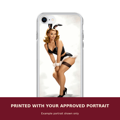 Personalized Pinup Case for iPhone customized with the customer's approved portrait. Example portrait shown only.