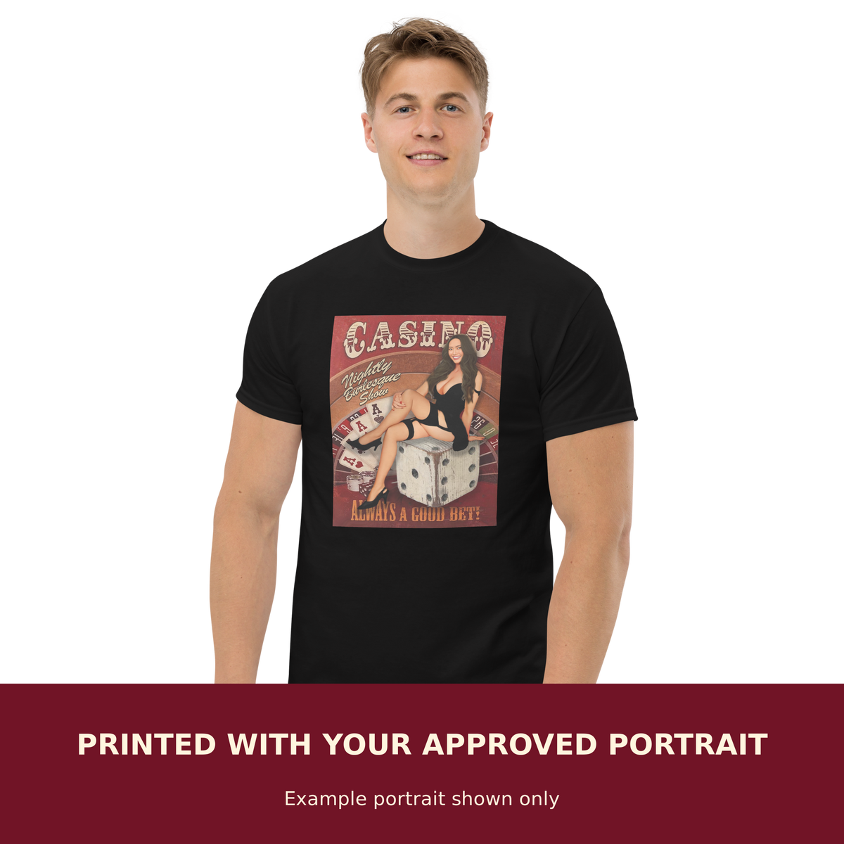 Personalized Pinup Classic Tee customized with the customer's approved portrait. Example portrait shown only.