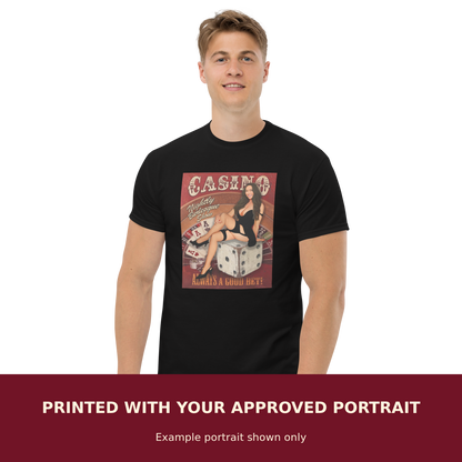 Personalized Pinup Classic Tee customized with the customer's approved portrait. Example portrait shown only.