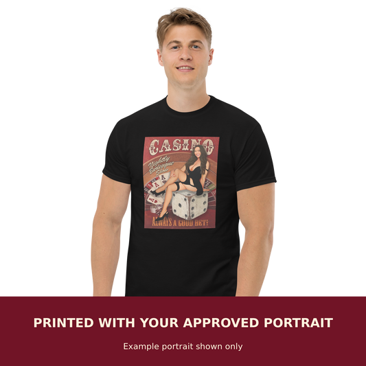Personalized Pinup Classic Tee customized with the customer's approved portrait. Example portrait shown only.