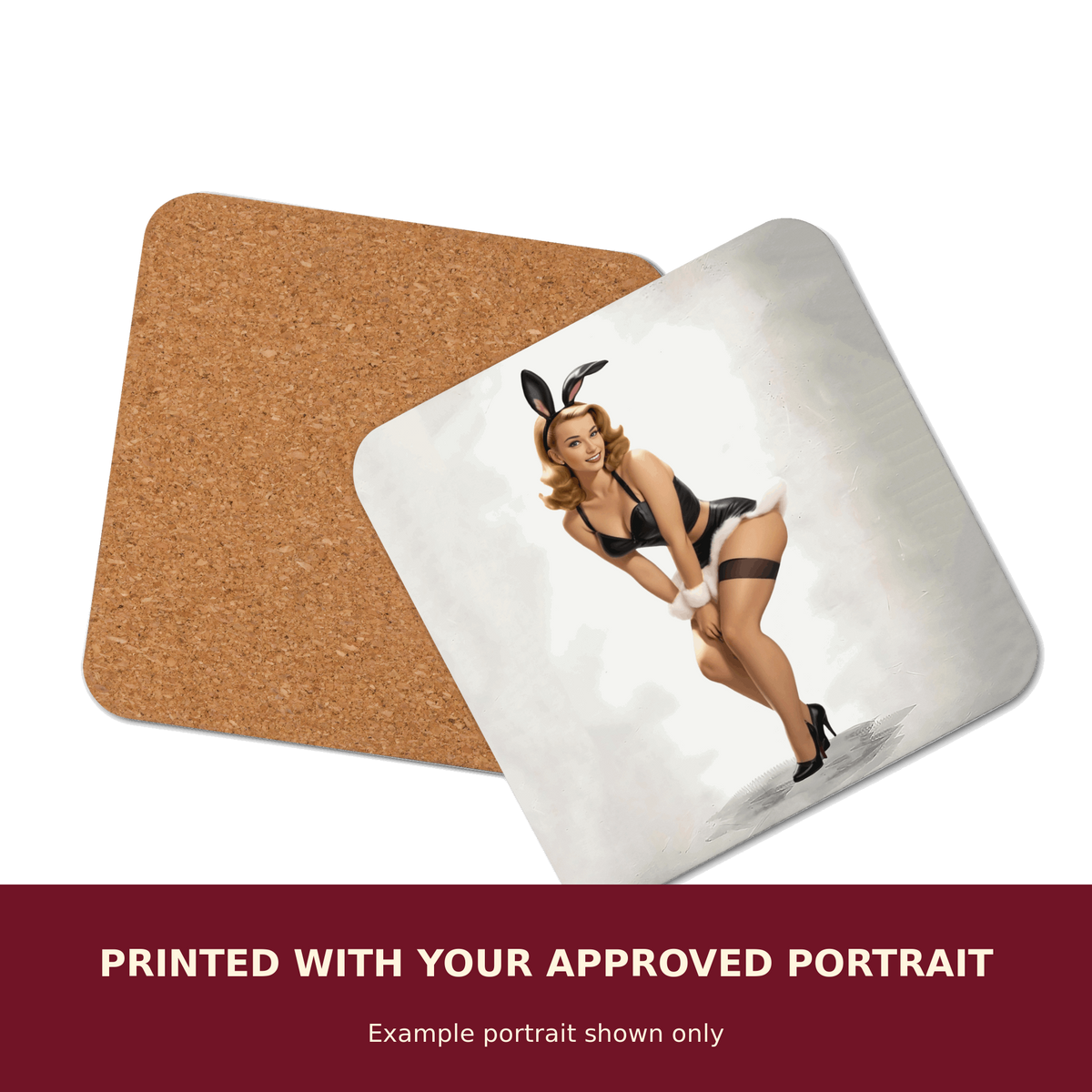Personalized Pinup Cork-Back Coaster customized with the customer's approved portrait. Example portrait shown only.