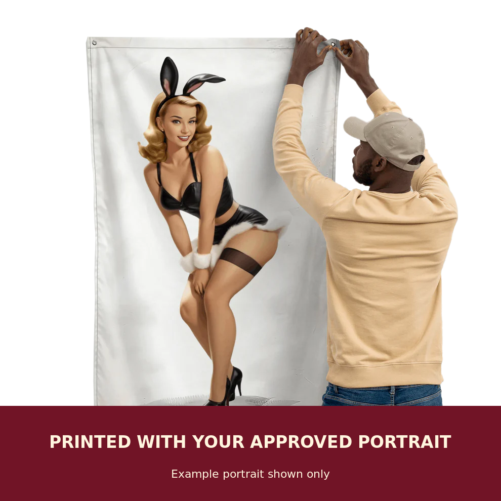 Personalized Pinup Flag customized with the customer's approved portrait. Example portrait shown only.