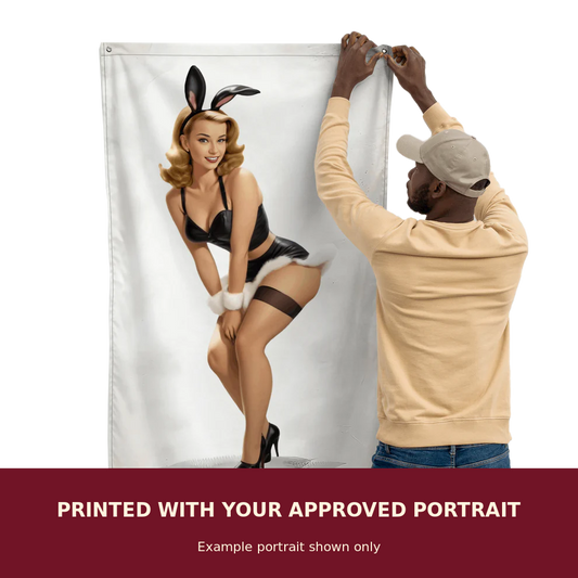 Personalized Pinup Flag customized with the customer's approved portrait. Example portrait shown only.