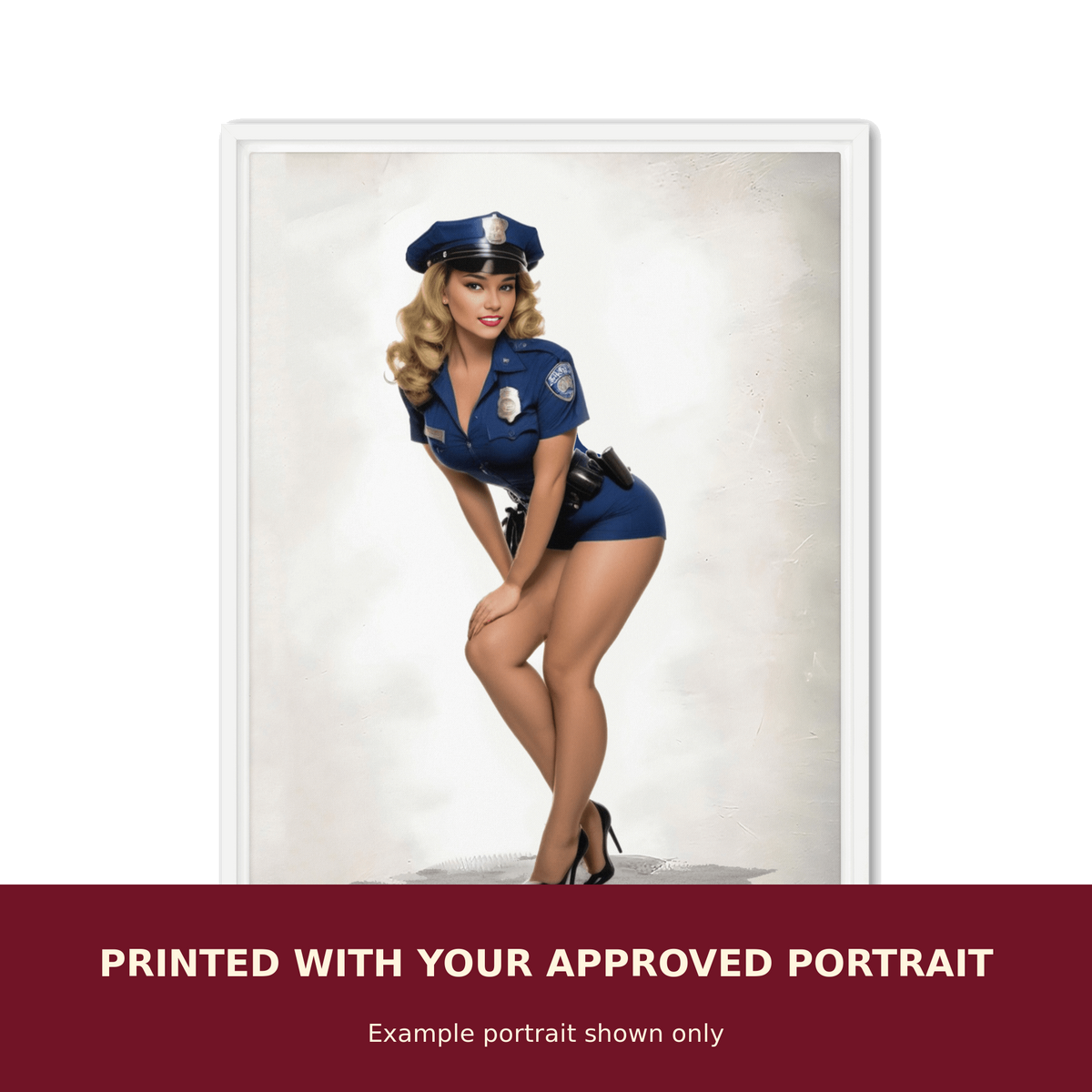 Personalized Pinup Framed Canvas customized with the customer's approved portrait. Example portrait shown only.