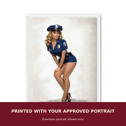Personalized Pinup Framed Canvas customized with the customer's approved portrait. Example portrait shown only.