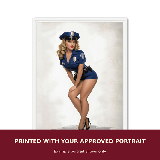 Personalized Pinup Framed Canvas customized with the customer's approved portrait. Example portrait shown only.