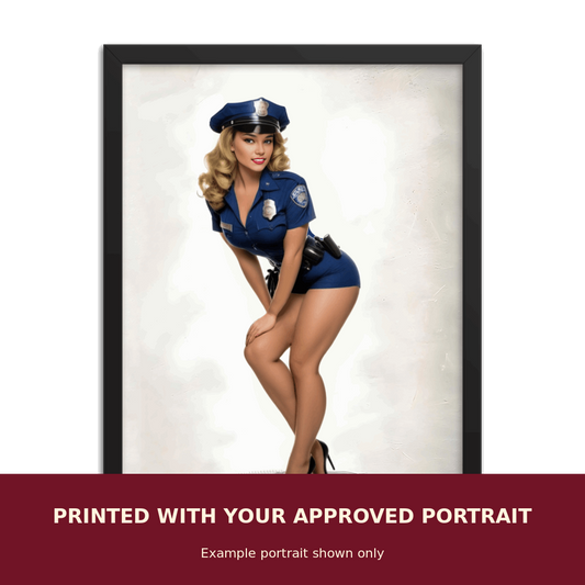 Personalized Pinup Framed Print customized with the customer's approved portrait. Example portrait shown only.