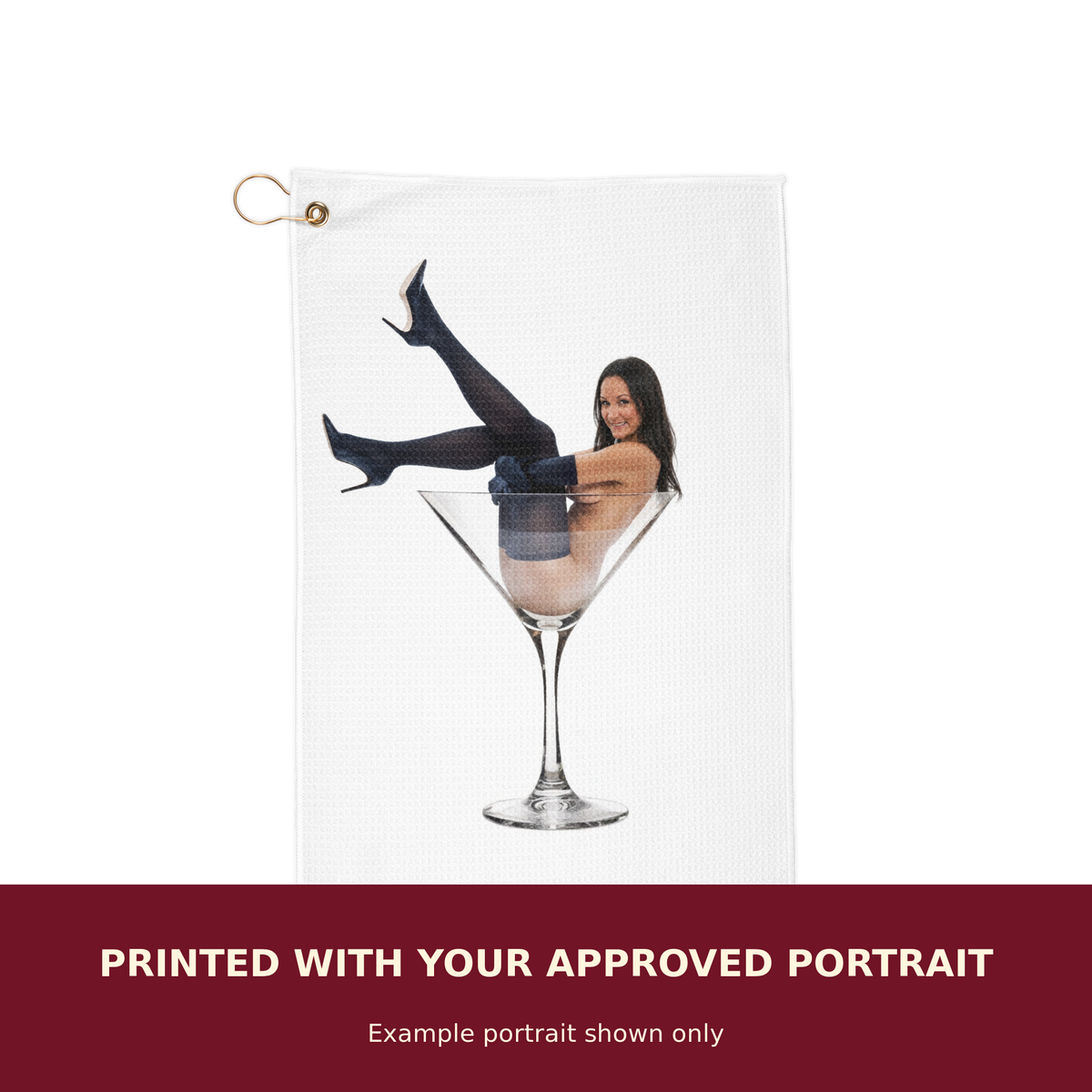 Personalized Pinup Golf Towel customized with the customer's approved portrait. Example portrait shown only.
