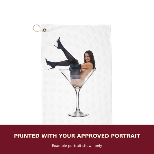 Personalized Pinup Golf Towel customized with the customer's approved portrait. Example portrait shown only.