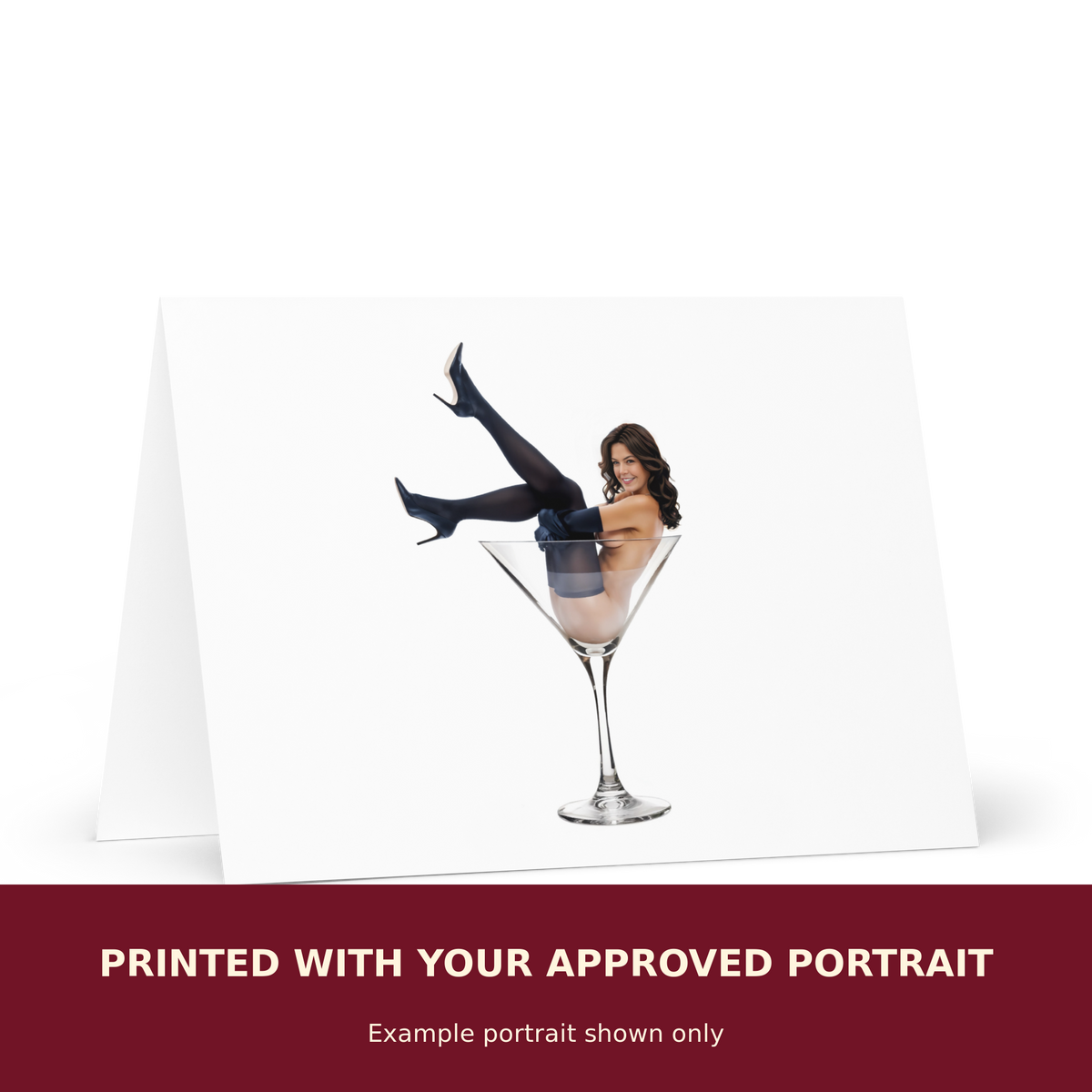 Personalized Pinup Greeting Card customized with the customer's approved portrait. Example portrait shown only.
