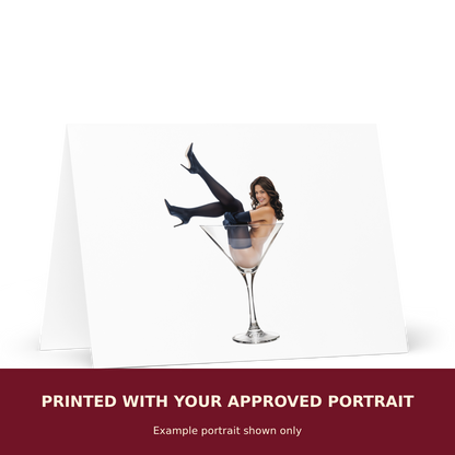 Personalized Pinup Greeting Card customized with the customer's approved portrait. Example portrait shown only.