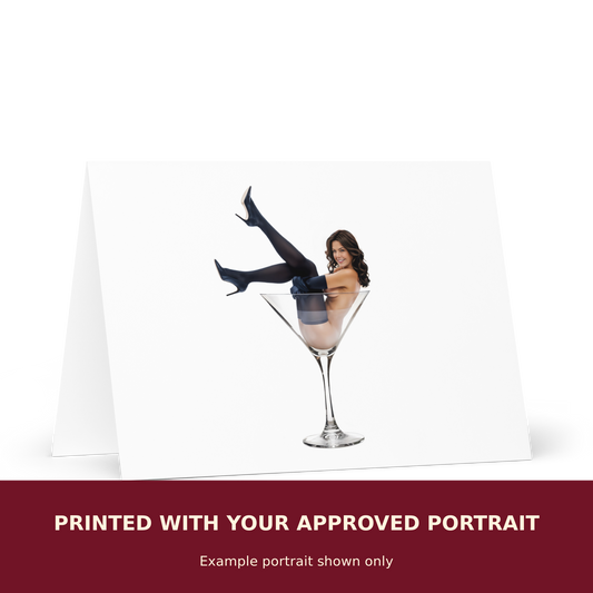 Personalized Pinup Greeting Card customized with the customer's approved portrait. Example portrait shown only.