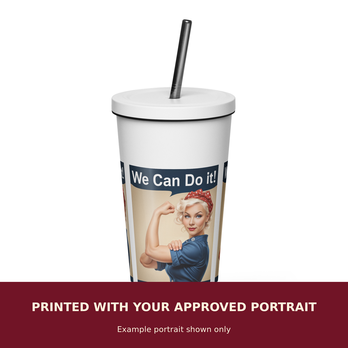 Personalized Pinup Insulated Tumbler customized with the customer's approved portrait. Example portrait shown only.