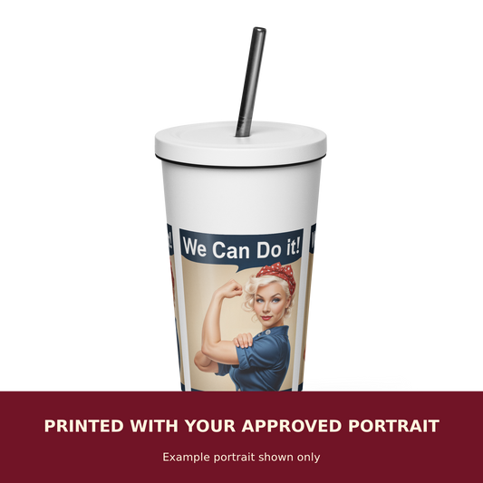 Personalized Pinup Insulated Tumbler customized with the customer's approved portrait. Example portrait shown only.