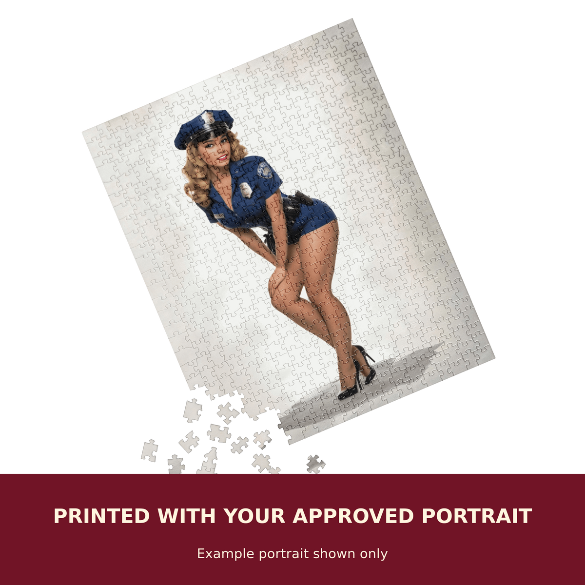 Personalized Pinup Jigsaw Puzzle customized with the customer's approved portrait. Example portrait shown only.