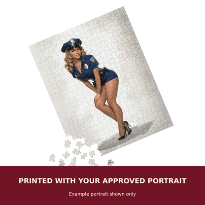 Personalized Pinup Jigsaw Puzzle customized with the customer's approved portrait. Example portrait shown only.