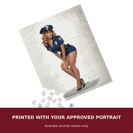 Personalized Pinup Jigsaw Puzzle customized with the customer's approved portrait. Example portrait shown only.