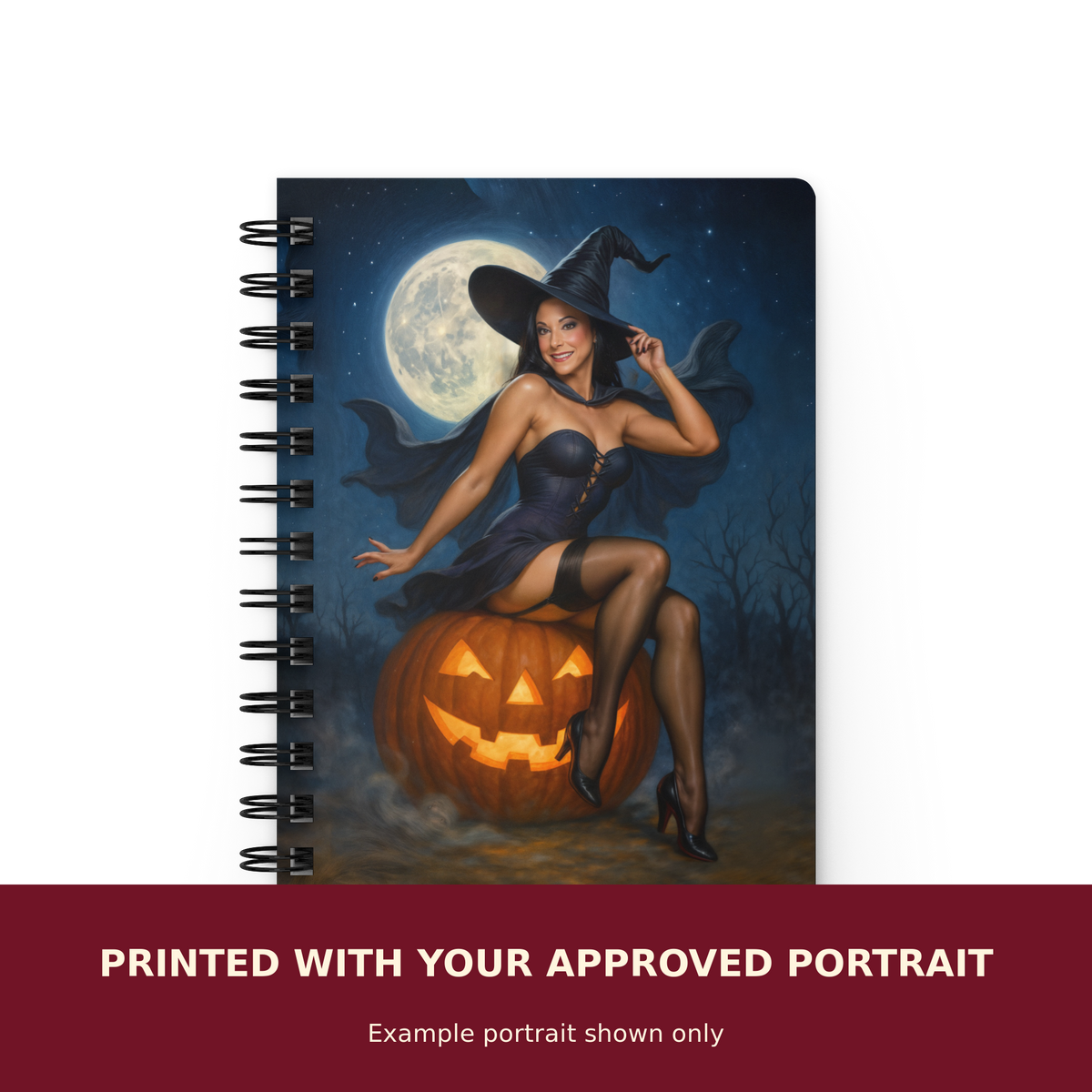 Personalized Pinup Journal customized with the customer's approved portrait. Example portrait shown only.