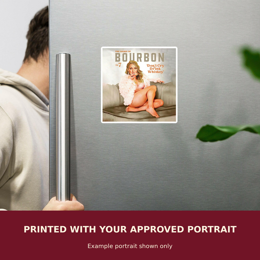 Personalized Pinup Magnet customized with the customer's approved portrait. Example portrait shown only.