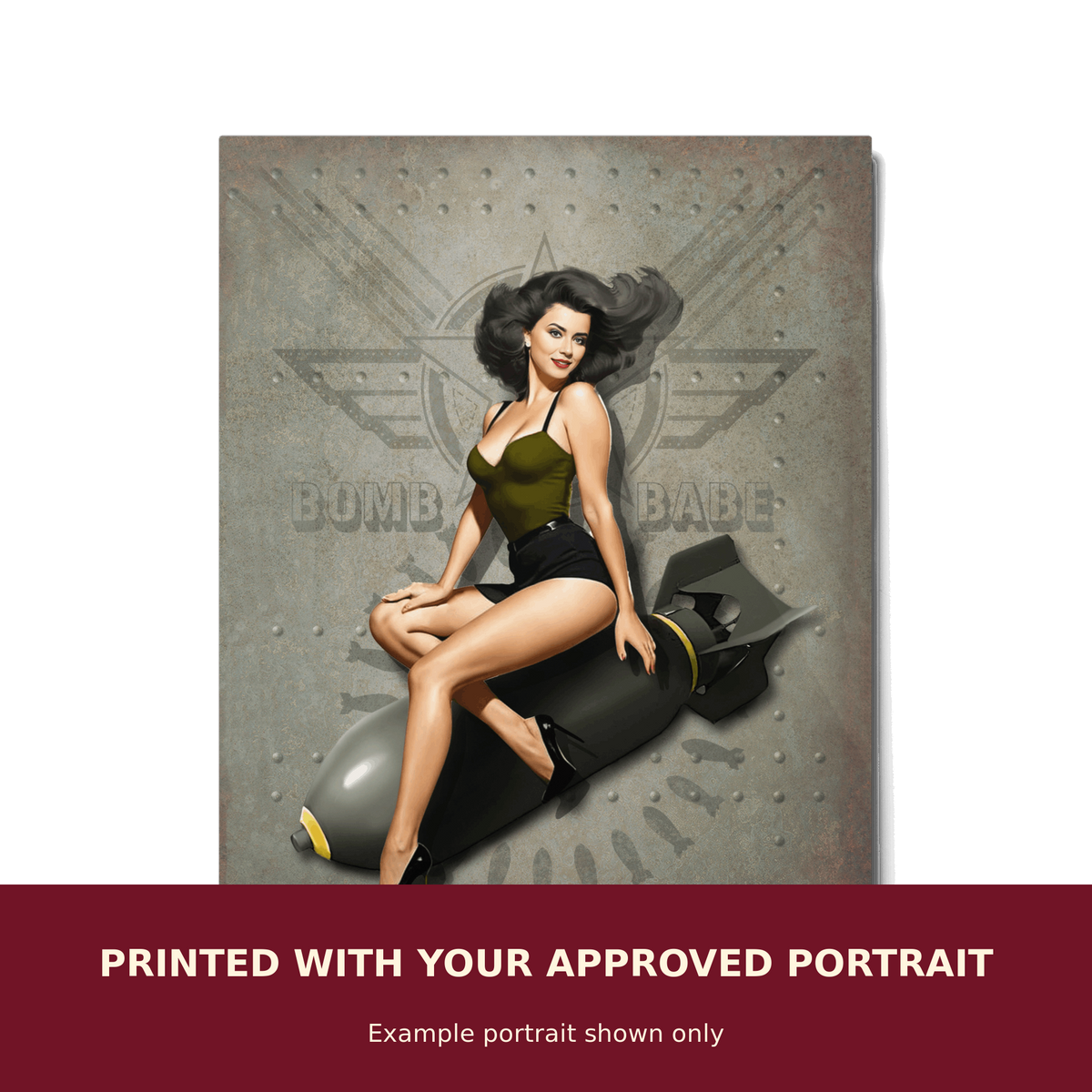Personalized Pinup Metal Print customized with the customer's approved portrait. Example portrait shown only.