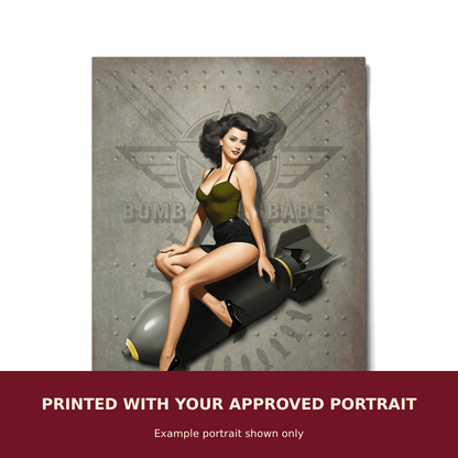 Personalized Pinup Metal Print customized with the customer's approved portrait. Example portrait shown only.
