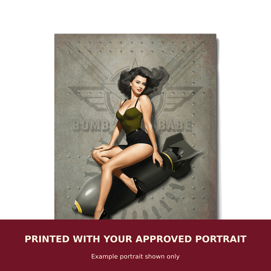 Personalized Pinup Metal Print customized with the customer's approved portrait. Example portrait shown only.
