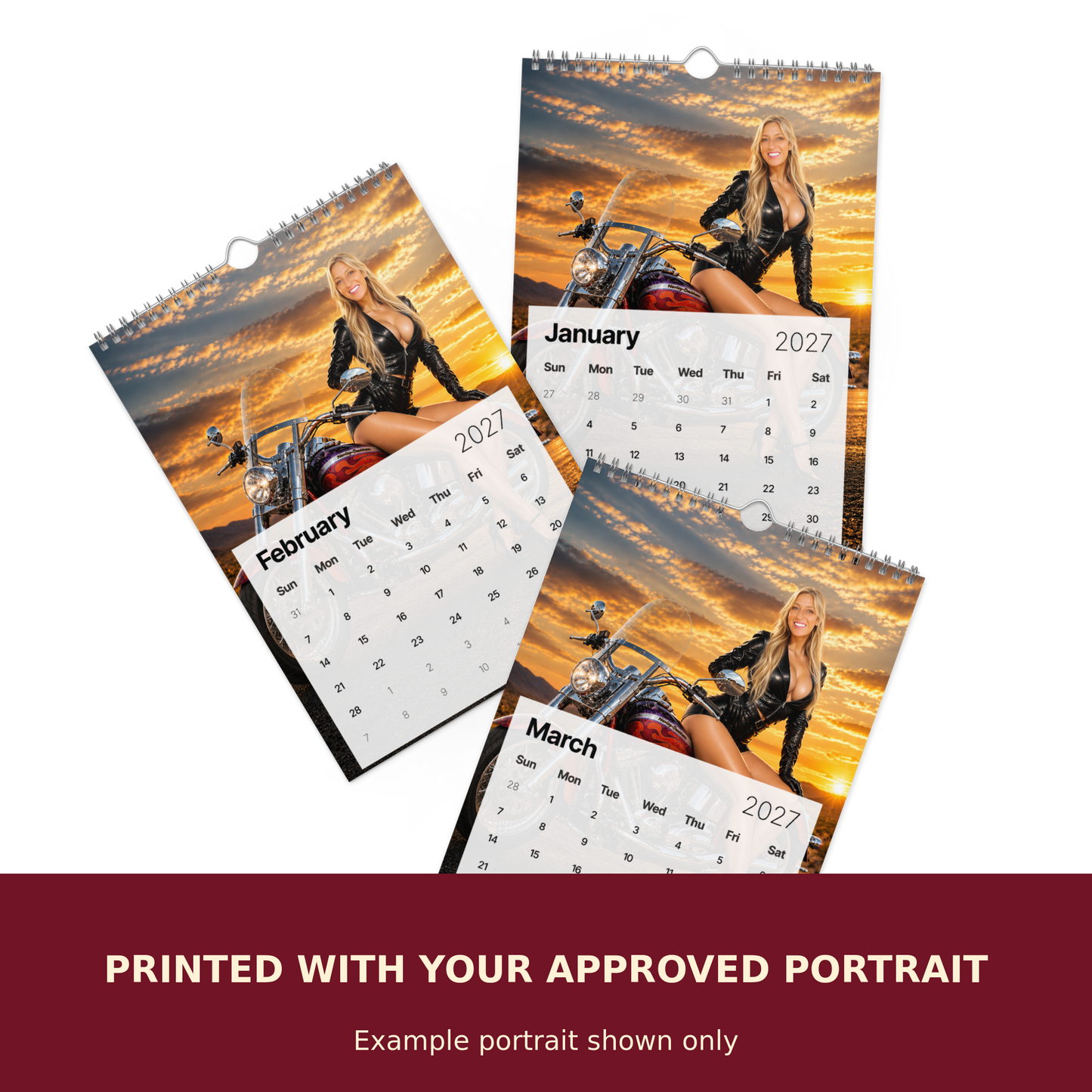 Personalized 2027 pinup wall calendar printed with your approved portrait. Example portrait shown only.