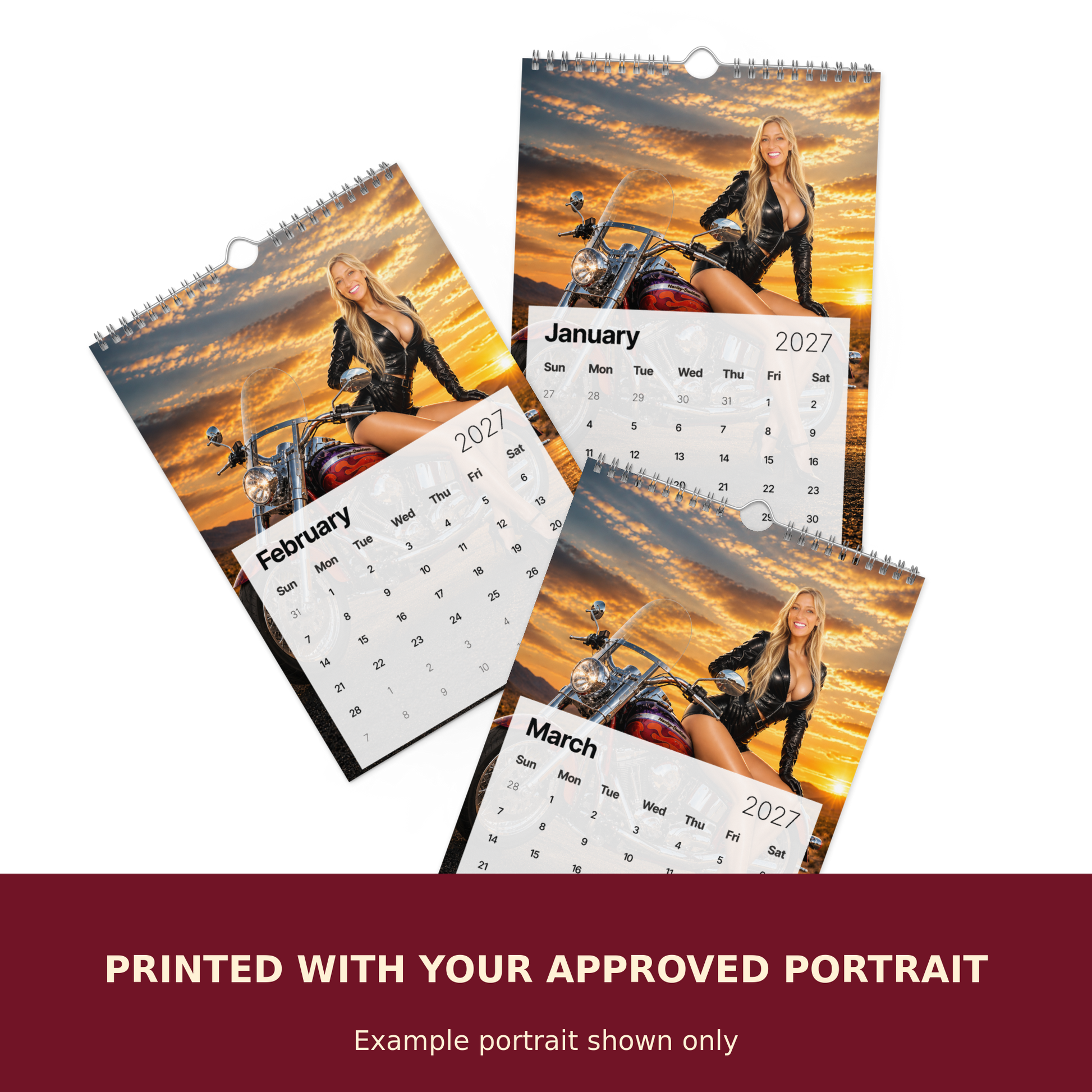 Personalized 2027 pinup wall calendar printed with your approved portrait. Example portrait shown only.