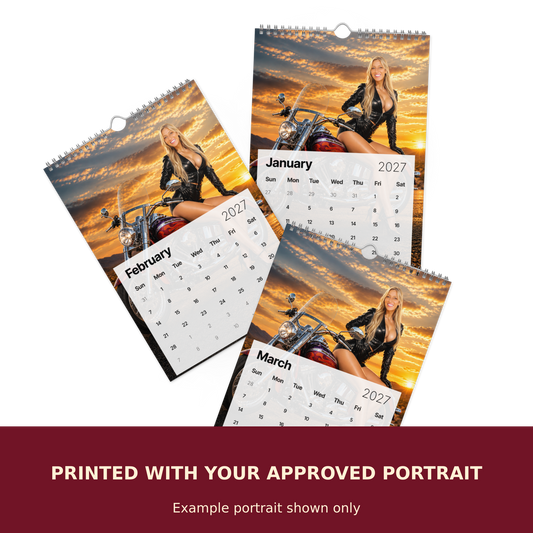 Personalized 2027 pinup wall calendar printed with your approved portrait. Example portrait shown only.