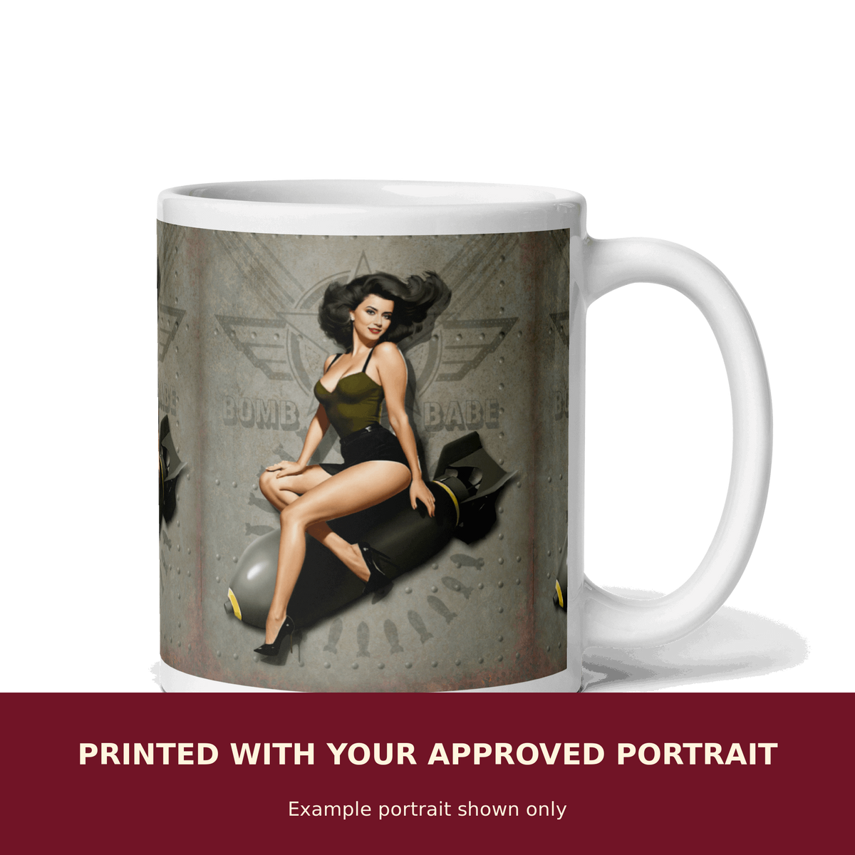 Personalized Pinup Mug customized with the customer's approved portrait. Example portrait shown only.