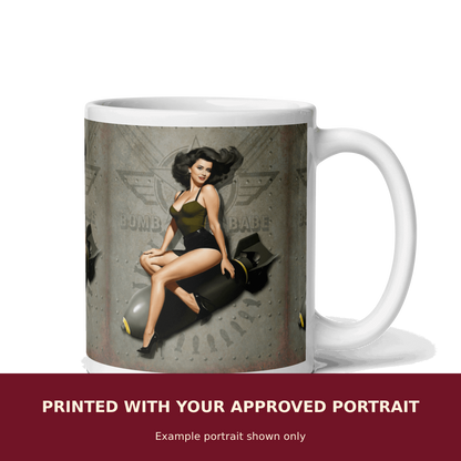 Personalized Pinup Mug customized with the customer's approved portrait. Example portrait shown only.